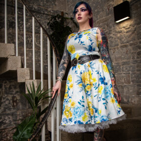 Bleeding Heart Blue & Yellow Flower Dress (White)