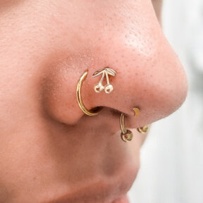 Double Nostril Piercing | Gold Segment Ring & Cherry Threadless Top