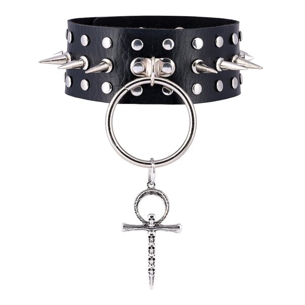 Blue Banana Spikes, Ring & Cross Choker (Black) | Alternative Accessories