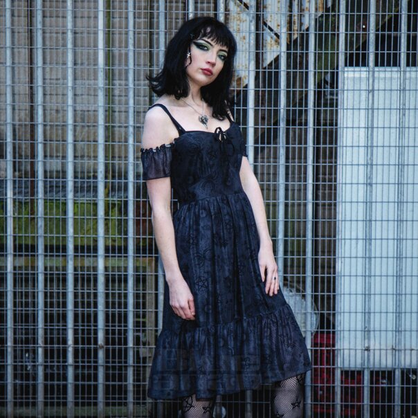 Jawbreaker Tarot Cold-Shoulder Midi Dress (Black) | Blue Banana