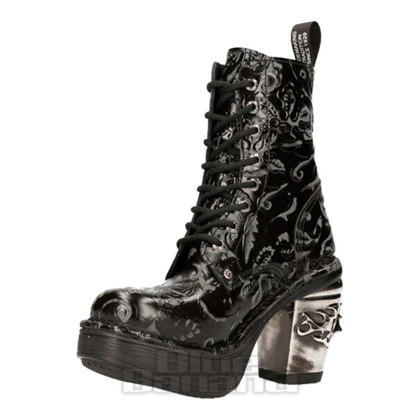 New Rock M.8358-S1 Skull Heel Black Boots, Vintage Flower Footwear