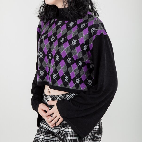 Banned Skull Argyle Crop Jumper (Black/Purple) | Banned Alternative Clothing