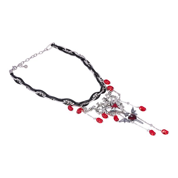 Halskette mit blauem Bananenschädelherz und roten Perlen (Silber) | Alternative Accessoires