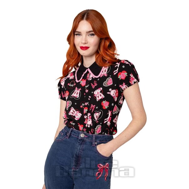 Hell Bunny Not Into You Blouse (Black/Pink) | Blue Banana