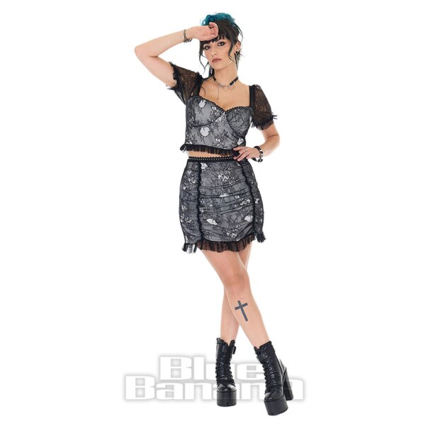 Jawbreaker Ruched Lace Mini Skirt (Black/White) | Alternative Fashion, Goth Clothing