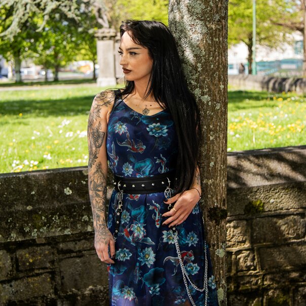 Jawbreaker Flower Koi Mesh Midi Dress (Navy) | Alternative Fashion, Goth Clothing