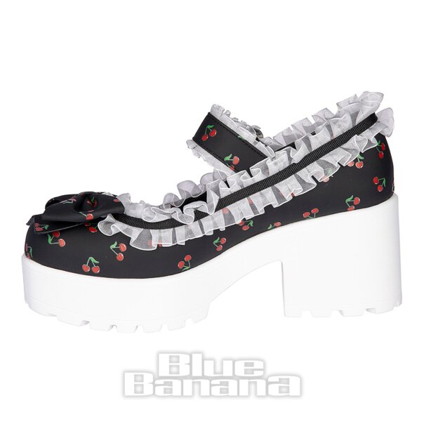 Koi Cherry Bakewell Platform Frill Mary Jane Scarpe (Nero/Bianco)