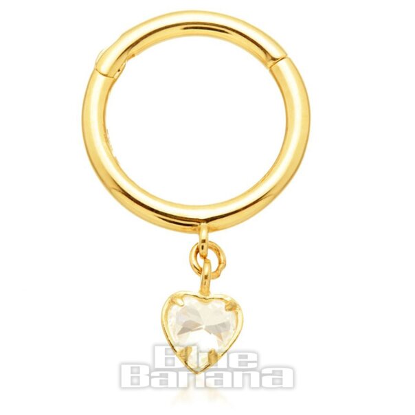 Blue Banana Cubic Zirconia Heart Drop 9 ct Gold 1.0 x 8mm Hinged Segment Ring (Gold) | Piercing Jewellery