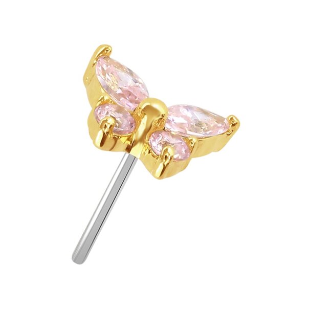 Blue Banana 14K Gold Gemstone Butterfly Threadless Top (Pink)| Body Piercing Jewellery