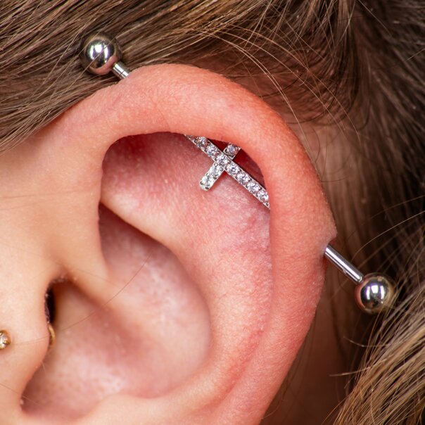 Blue Banana Surgical Steel Cross Crystal Industrial Bar (Silver) | Piercing Jewellery