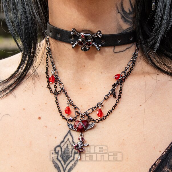 Blue Banana Herz & Schädel Kettenhalsband (Schwarz/Silber) | Blue Banana