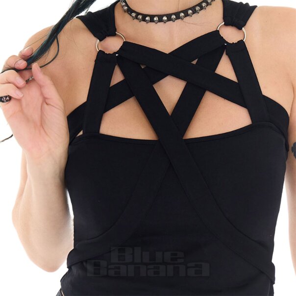 Jawbreaker Pentagram Straps & Rings Crop Top (Black) | Alternative Fashion, Goth Clothing
