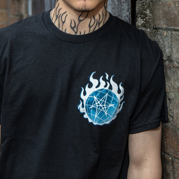 Official Bring Me The Horizon Blue Flame Globe T Shirt (Black) | Official Band Merchandise US
