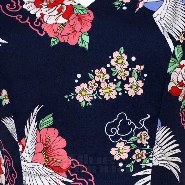 Hell Bunny Misa Blumen & Vögel Midikleid (Marine) | Blue Banana
