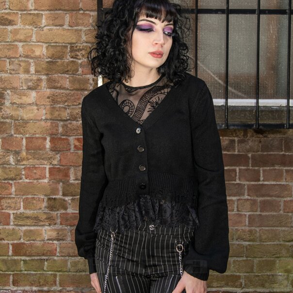 Jawbreaker Distressed Hem Cropped Cardigan (Black) | Blue Banana