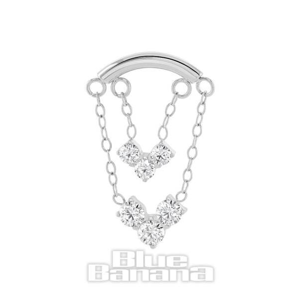 Blaue Banane, poliertes Titan, 1,2 x 8 mm Stab-Doppelkette und 3 Edelsteine, fadenloses Labret (Silber) | Körperpiercing-Schmuck