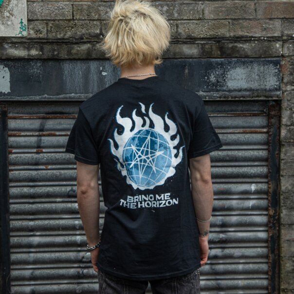 Official Bring Me The Horizon Blue Flame Globe T Shirt (Black) | Official Band Merchandise US