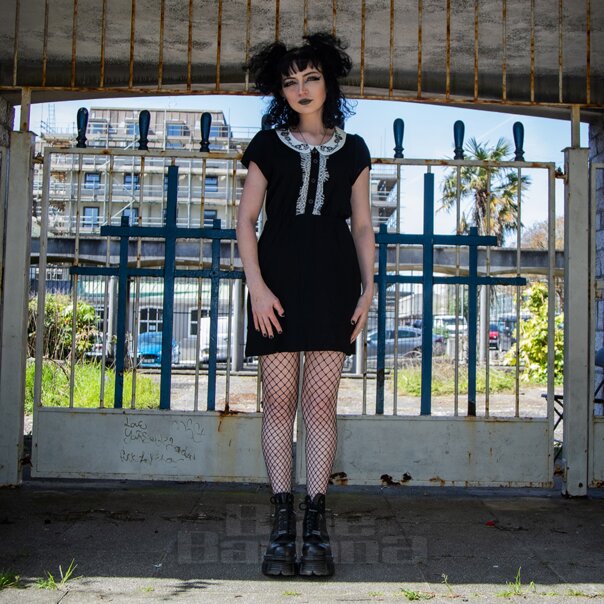 Jawbreaker Embroidered Collar Mini Dress (Black/White) | Alternative Fashion, Goth Clothing