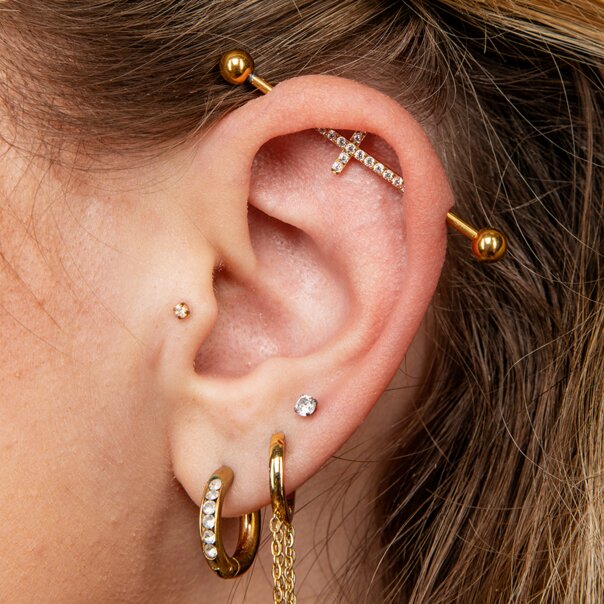 Barra industrial de acero quirúrgico con cruz de cristal Blue Banana (dorada) | Joyería para piercings
