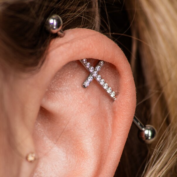 Barra industriale a croce in acciaio chirurgico Blue Banana con cristalli (argento) | Gioielli per piercing