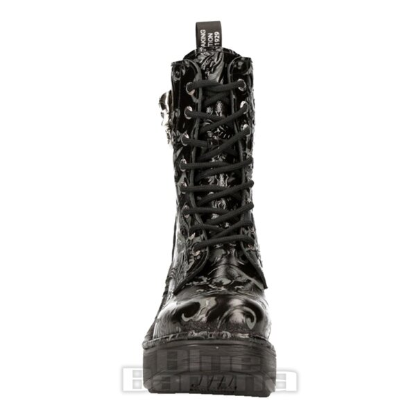 New Rock M.8358-S1 Skull Heel Black Boots, Vintage Flower Footwear