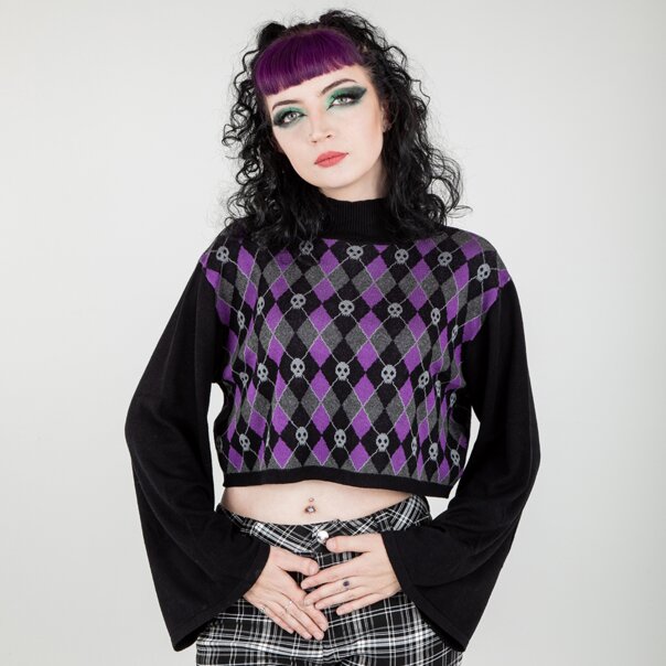 Banned Skull Argyle Crop Jumper (Black/Purple) | Banned Alternative Clothing
