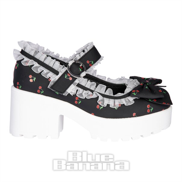 Koi Cherry Bakewell Platform Frill Mary Jane Shoes (Black/White)