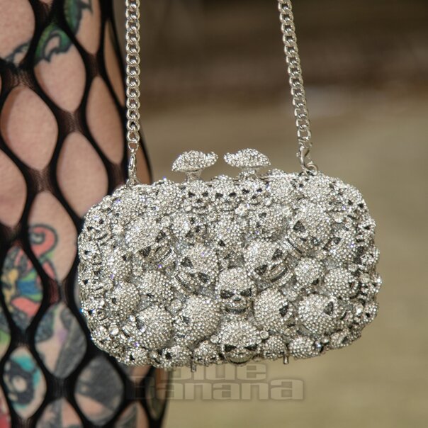 Blue Banana Silver Crystal Encrusted Skulls Handbag - Gothic Skull Bag