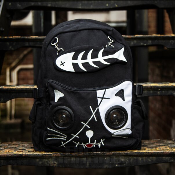 Mochila Con Altavoz Banned Cat Fish Bone (Negro/Blanco)