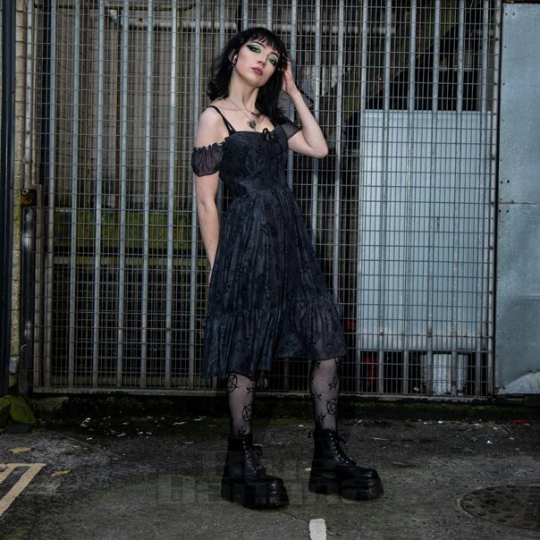 Jawbreaker Tarot Cold-Shoulder Midi Dress (Black) | Blue Banana