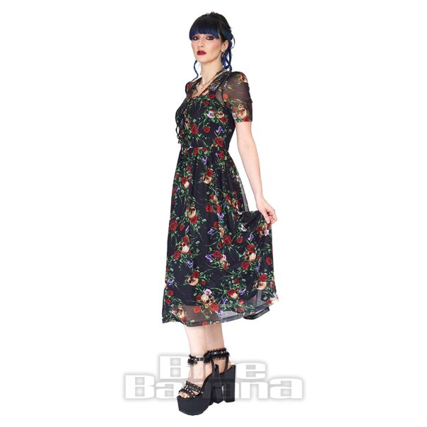 Jawbreaker Skull & Roses Mesh Midi Dress (Multicolour) | Blue Banana