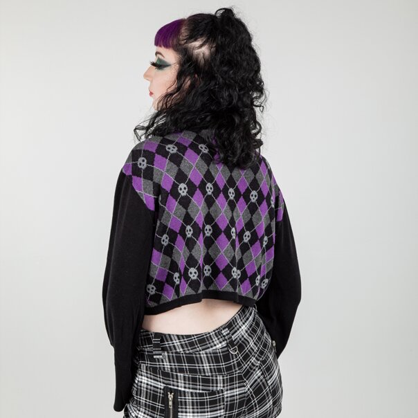 Banned Skull Argyle Crop Jumper (Black/Purple) | Banned Alternative Clothing