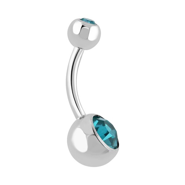 Blue Banana Polished Titanium 1.6mm Internally Threaded Double Jewelled Navel Bar (Zircon Blue)| Body Piercing Jewellery