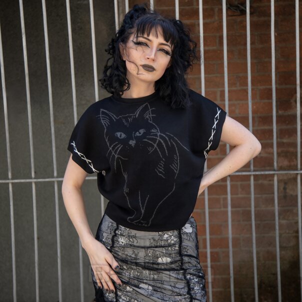 Jawbreaker Oversized Cat Knit Top (Black) | Alternative Fashion, Goth Clothing