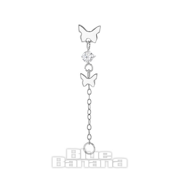 Blaue Banane, poliertes Titan, 1,2 x 8 mm, Doppel-Schmetterlingskette, fadenloses Labret (Silber) | Körperpiercing-Schmuck