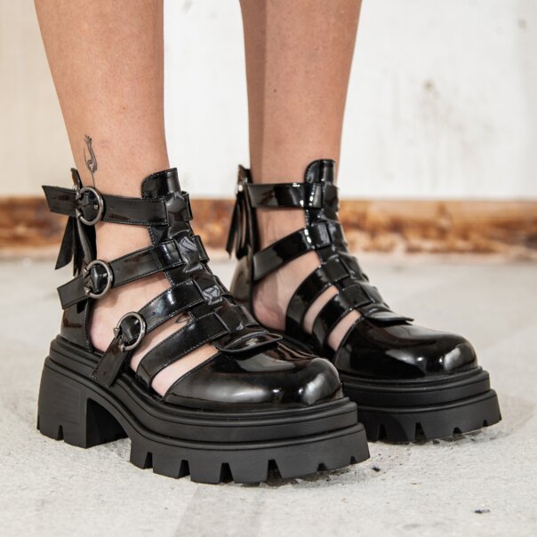 Bleeding Heart Patent Strap Sandals (Black) | Alternative Footwear