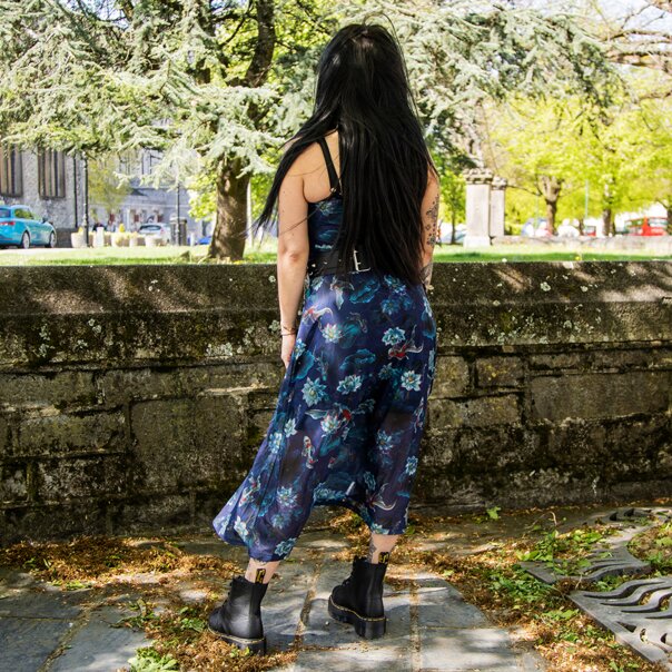Jawbreaker Flower Koi Mesh Midi Dress (Navy) | Alternative Fashion, Goth Clothing