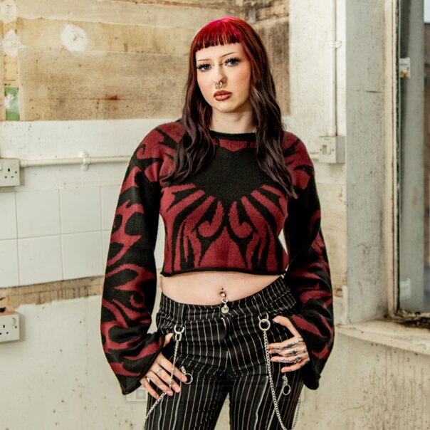 Banned Toxic Love Cropped Jumper (Black/Burgundy) | Alternative Clothing, Alternative Jumpers