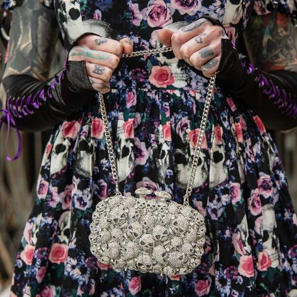 Blue Banana Silver Crystal Encrusted Skulls Handbag - Gothic Skull Bag