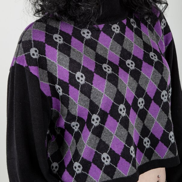 Banned Skull Argyle Crop Jumper (Black/Purple) | Banned Alternative Clothing