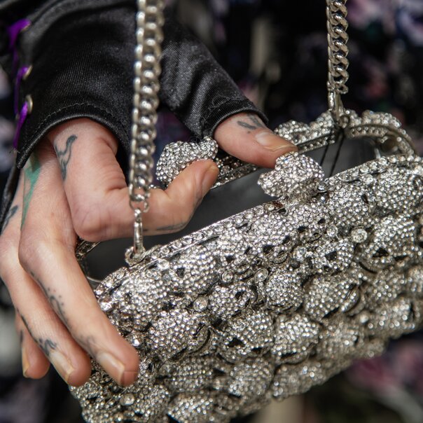 Blue Banana Silver Crystal Encrusted Skulls Handbag - Gothic Skull Bag