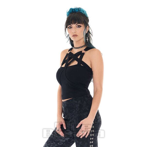 Jawbreaker Pentagram Straps & Rings Crop Top (Black) | Alternative Fashion, Goth Clothing