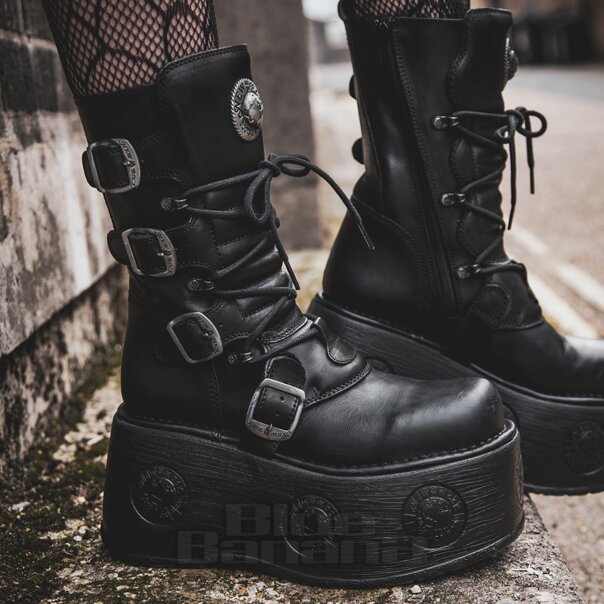New Rock M.1473-S3 Space Black Platform Boots, Gothic Metallic Shoes