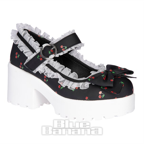 Koi Cherry Bakewell Platform Frill Mary Jane Shoes (Black/White)