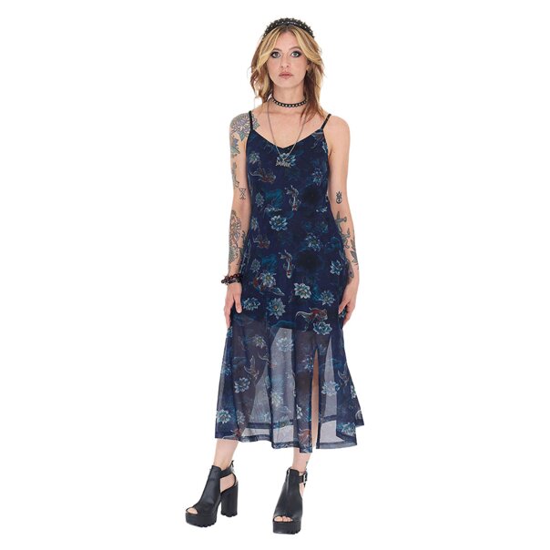 Jawbreaker Flower Koi Mesh Midi Dress (Navy) | Alternative Fashion, Goth Clothing
