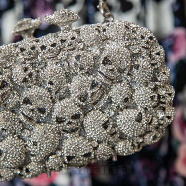 Blue Banana Silver Crystal Encrusted Skulls Handbag - Gothic Skull Bag