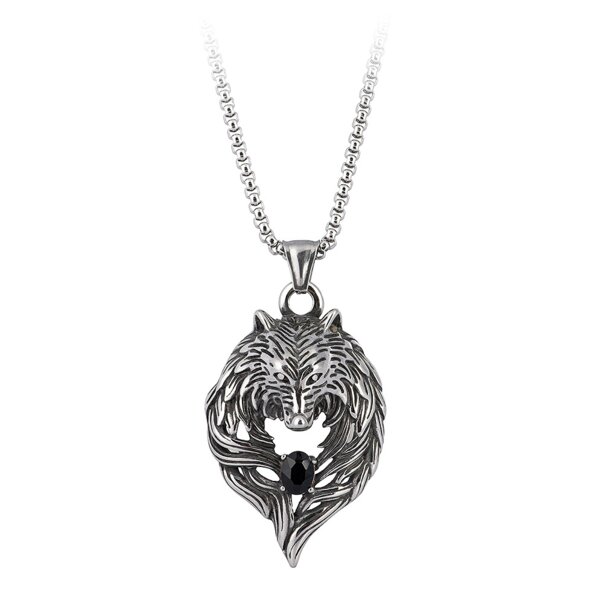 Collana con lupo in acciaio e banana blu e pietra nera (argento) | Accessori alternativi