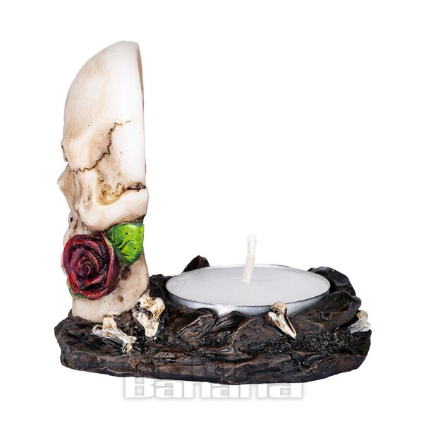 Teelichthalter „Something Different“ mit Totenkopf-Rosenmotiv (weiß) | Blue Banana