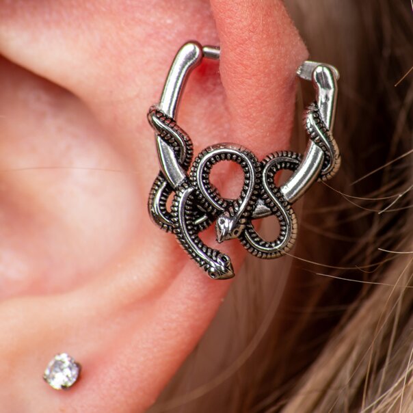 Blue Banana Surgical Steel Snake On Horseshoe Ear Clicker (Silver) | Piercing Jewellery