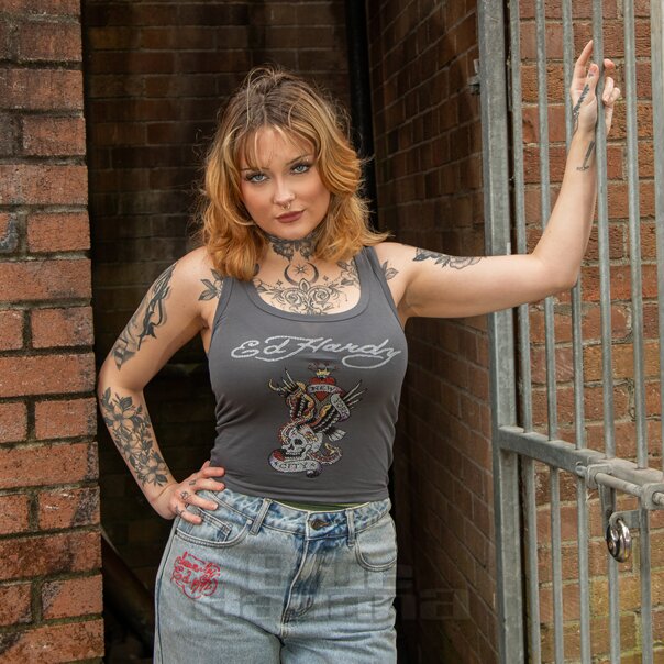 Ed Hardy NYC Diamante Crop Vest (Charcoal) | Alternative Tops